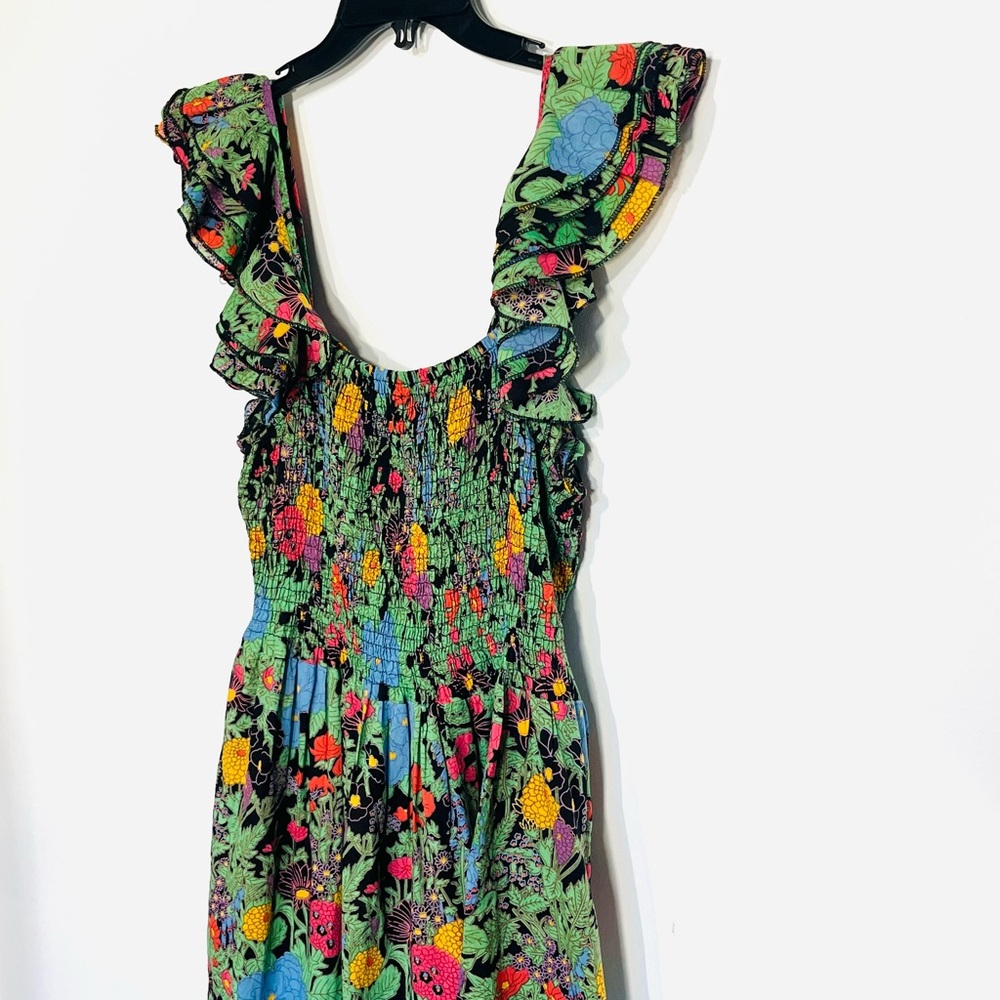 Mille Tropical Smocked Midi Dress with Ruffle Sleeves - Green Floral - Picture 3 of 8
